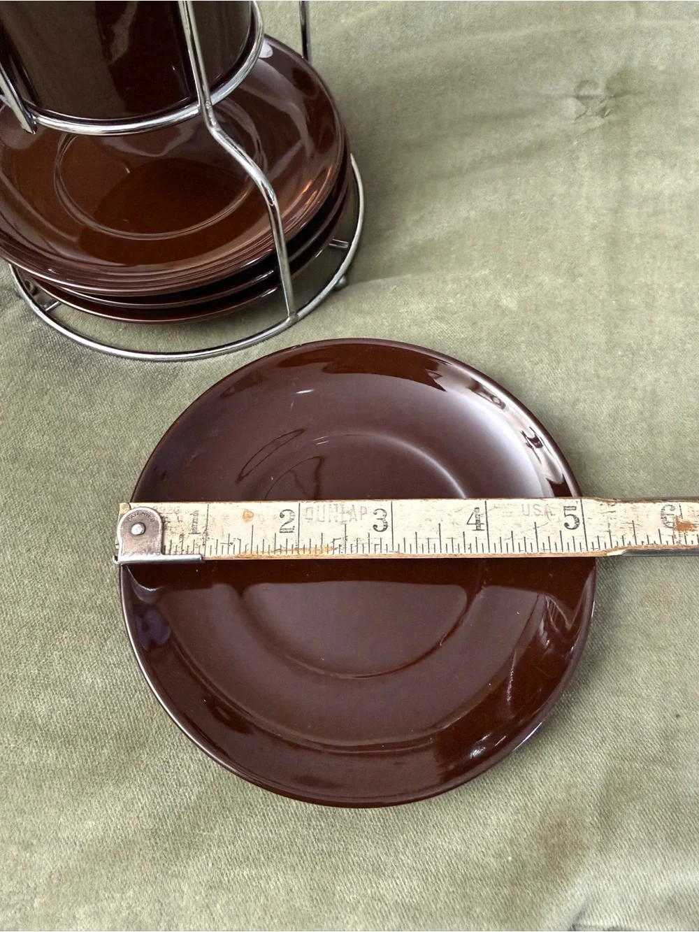 Pier 1 Brown Ceramic Stackable Espresso Mug and Saucer Set with Chrome Rack #OSK